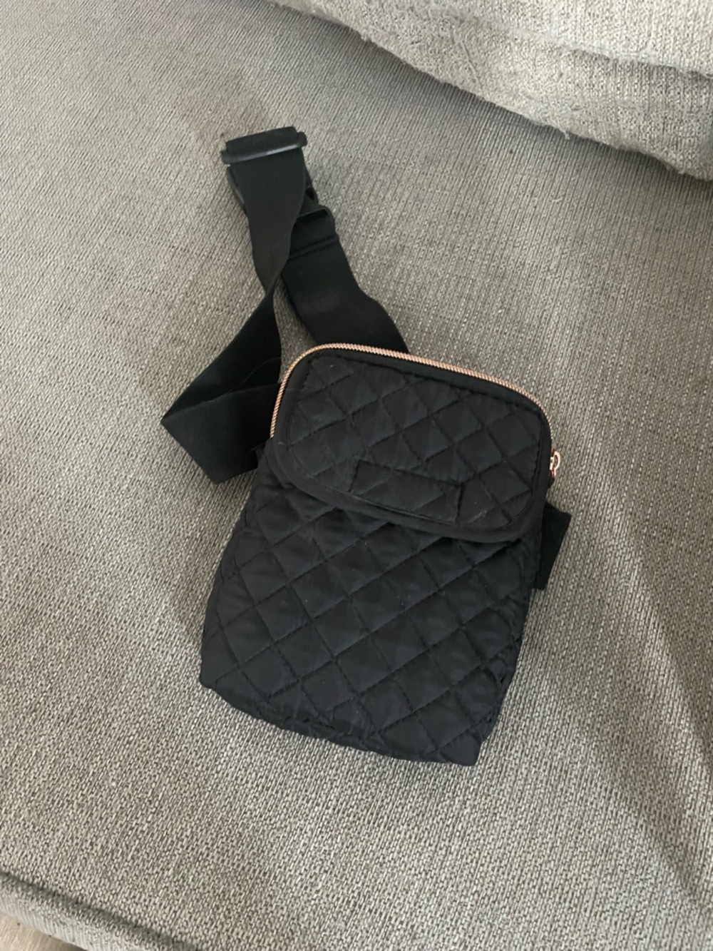 Black Quilted Crossbody Sling Bag with Gold-Zip Accents